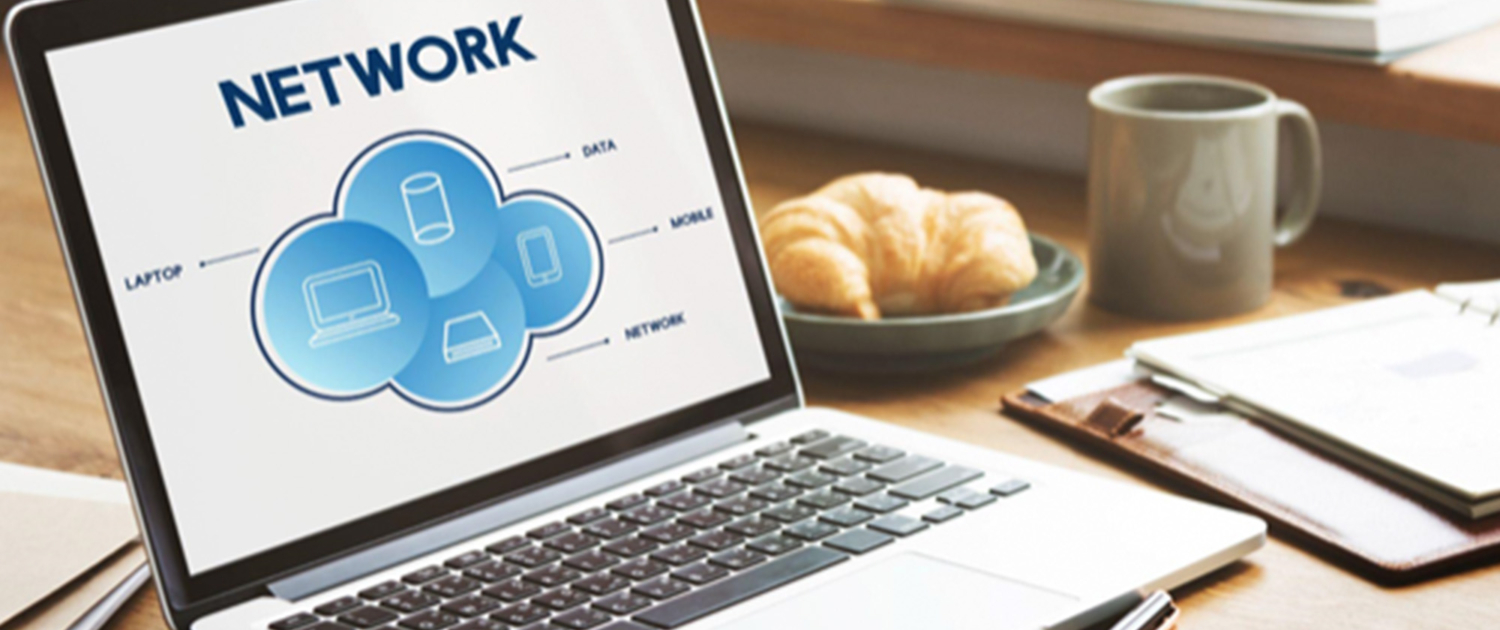 A laptop screen displays a detailed graph illustrating a network's structure. The graph visually segments the data into three distinct categories: "Laptop," "Mobile," "Data," and "Network," each represented by a different icons.