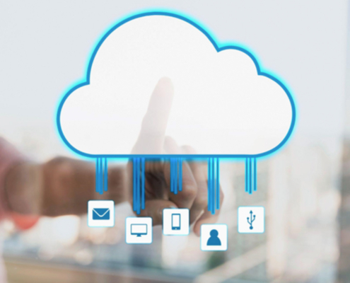 The digital interface displays graphs, charts, and data storage solutions, illustrating the seamless integration of cloud computing. In the background, visual representations of interconnected cloud networks emphasize the efficiency and scalability of cloud solutions for business operations.