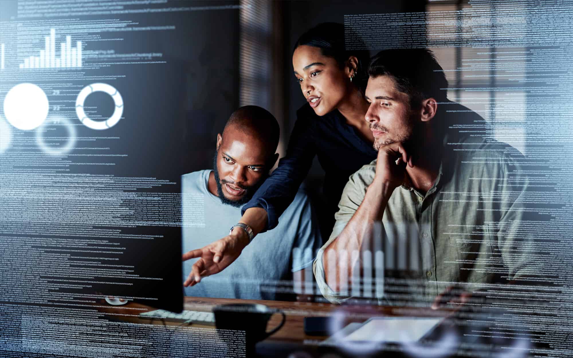 A team of professionals analyzing data on a computer screen, with digital graphs and charts overlaying the image. The group is focused and engaged in interpreting complex information, showcasing collaboration and expertise in data analysis and visualization.