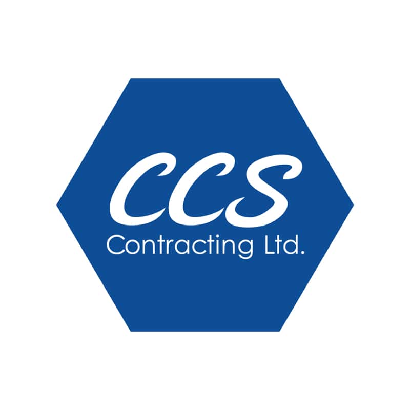 Logo of CCS Contracting Ltd., featuring white text on a blue hexagonal background. The text reads "CCS" in a cursive font and "Contracting Ltd." in a standard font underneath.