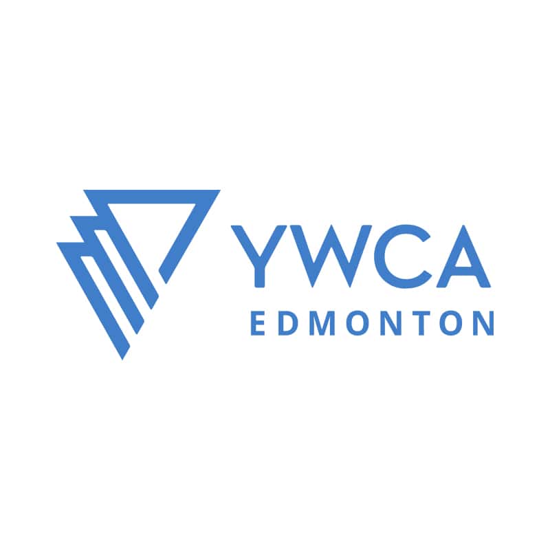 Logo of YWCA Edmonton, featuring a stylized blue triangular design next to the text "YWCA Edmonton" in blue.