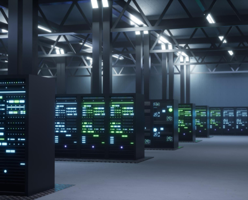 A close-up of a row of server cabinets in a data center.