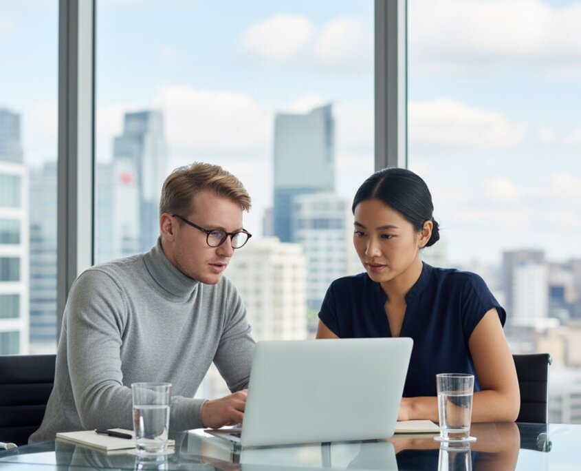 Professionals In Conference Room Looking at Laptop