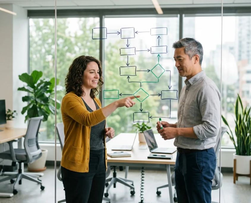 ai-automation-tools-workflow.webp Colleagues mapping a workflow automation diagram to choose the right AI and automation tools
