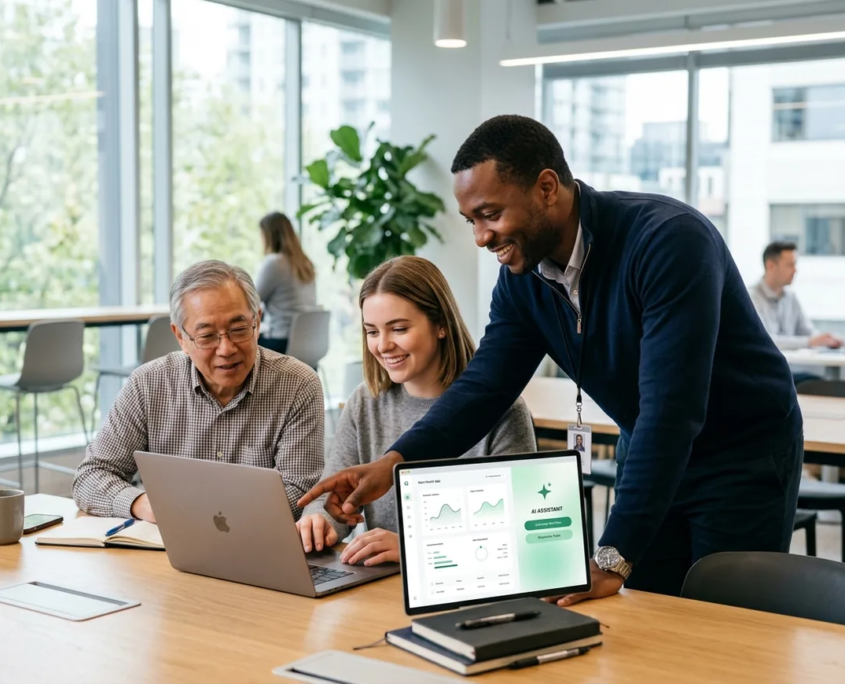 ai-copilot-ready-team.webp IT consultant helping a team adopt an AI assistant in their everyday Microsoft tools