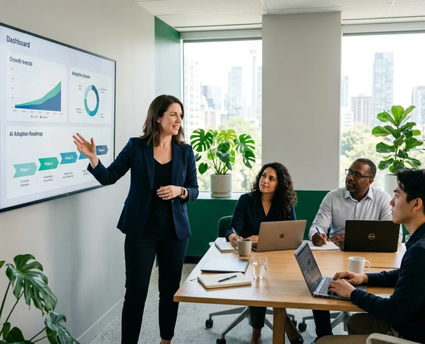 AI strategy roadmap consultant and team IT consultant presenting a phased AI adoption roadmap to a business team in a bright modern office