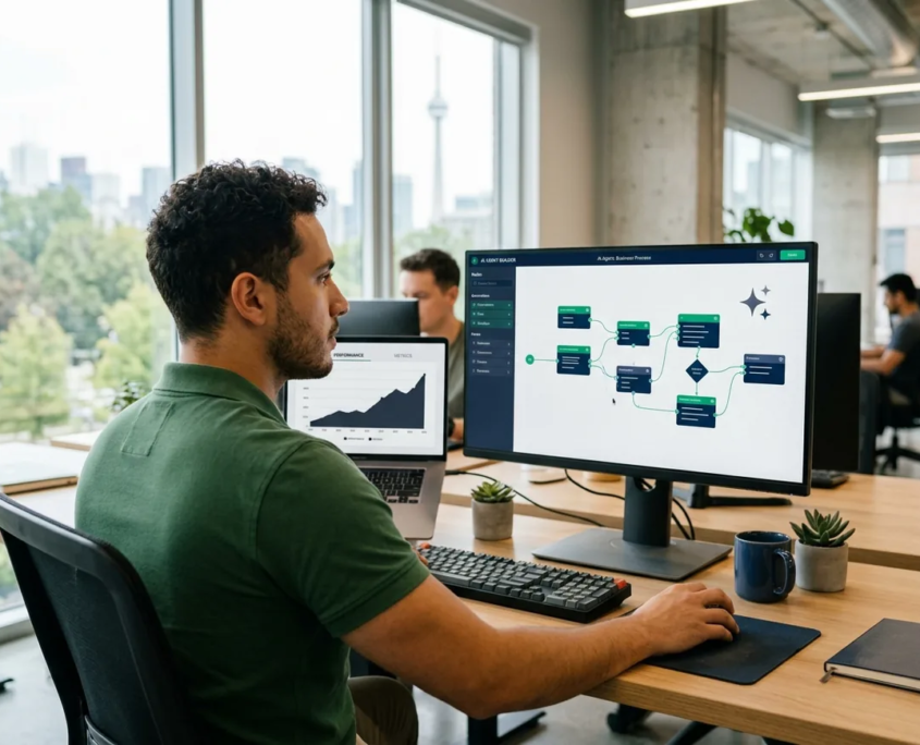 build-ai-agents-copilot-studio.webp Developer building an AI agent in a low-code visual builder to improve a business process