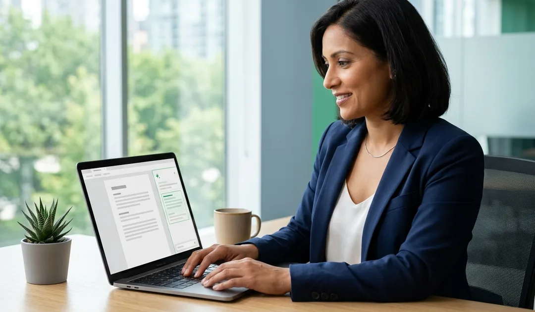 Microsoft Copilot-centric AI deployment Professional using an AI copilot assistant inside everyday work tools on a laptop in a bright modern office
