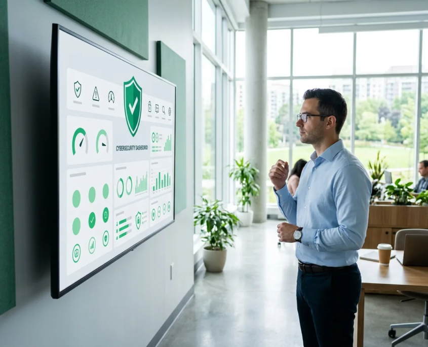 data-security-ai-governance.webp Cybersecurity professional reviewing an AI data security and governance dashboard in a modern office